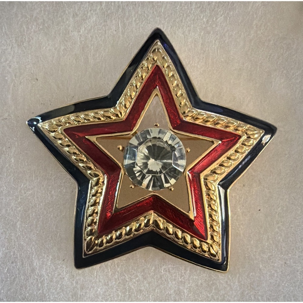 Trifari Star Brooch Gold, Red, Navy. Crystal Center. Y2K. Patriotic.